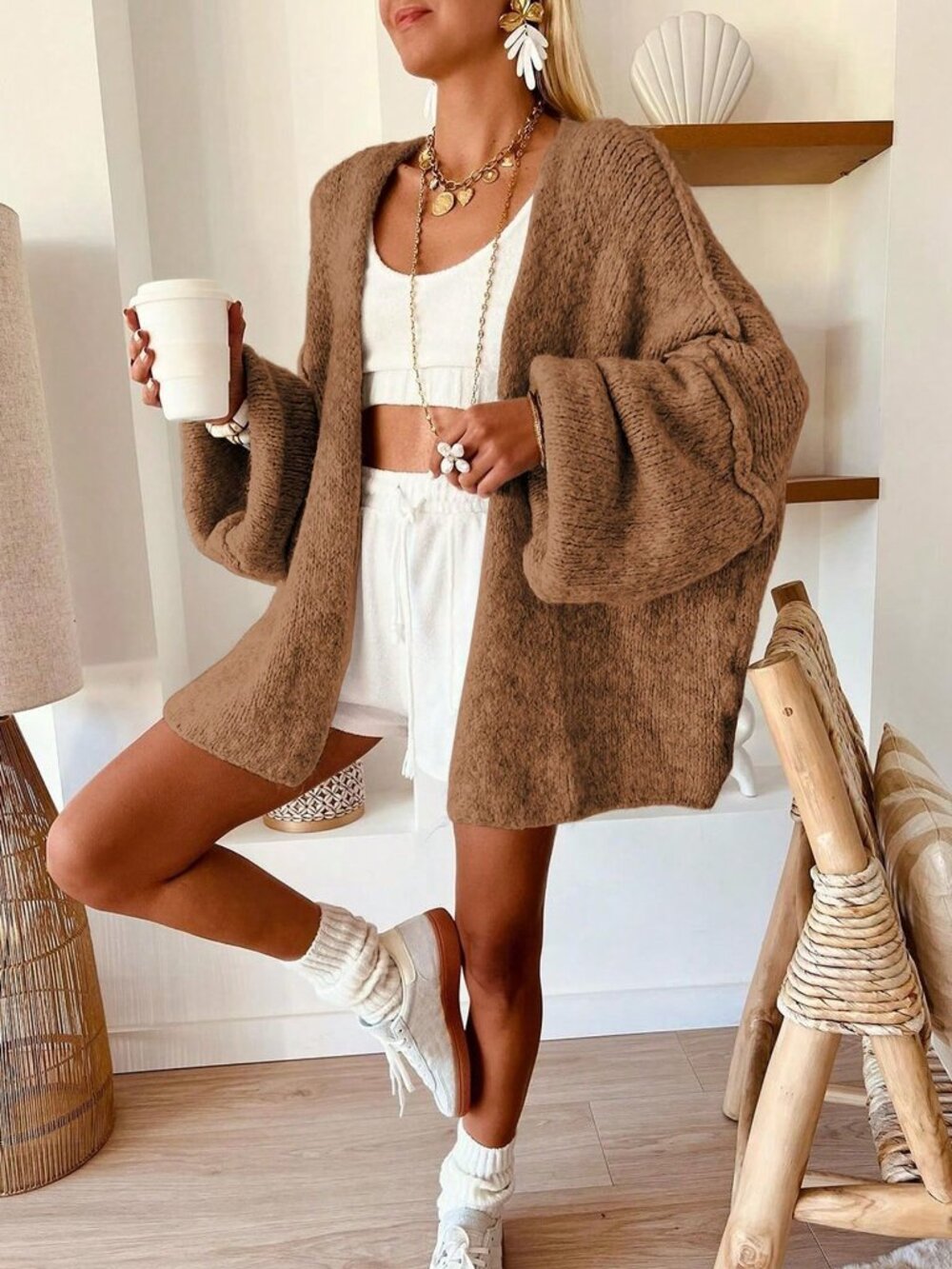 Brown Casual Women's Loose Rib-Knit Lantern Sleeve Midi Cardigan - Picture 1 of 6